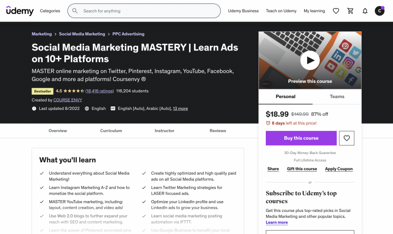   Екранна снимка на курс на Udemy, наречен Social Media Marketing Mastery: Learn Ads on 10 plus platforms, плюс 4 точка пет от пет звезди, които курсът е получил като оценка.