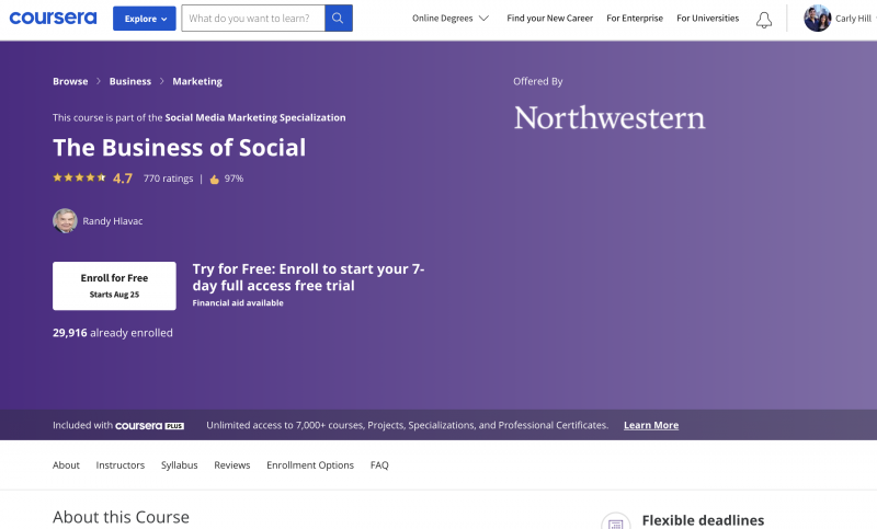 Une capture d'écran de la page de destination de Northwestern's Coursera class, The Business of Social, which has a 97 percent approval rate.