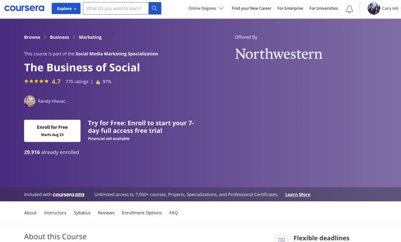   Екранна снимка на целевата страница за Northwestern's Coursera class, The Business of Social, which has a 97 percent approval rate.