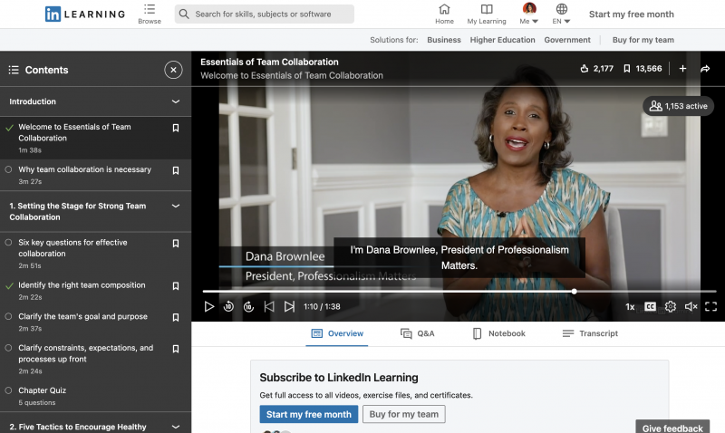 Une capture d'écran de la page d'accueil du cours d'apprentissage Linkedin, Essentials of Team Collaboration, où vous pouvez voir certains des chapitres du cours, y compris clarifier les processus à l'avance et un quiz de chapitre.