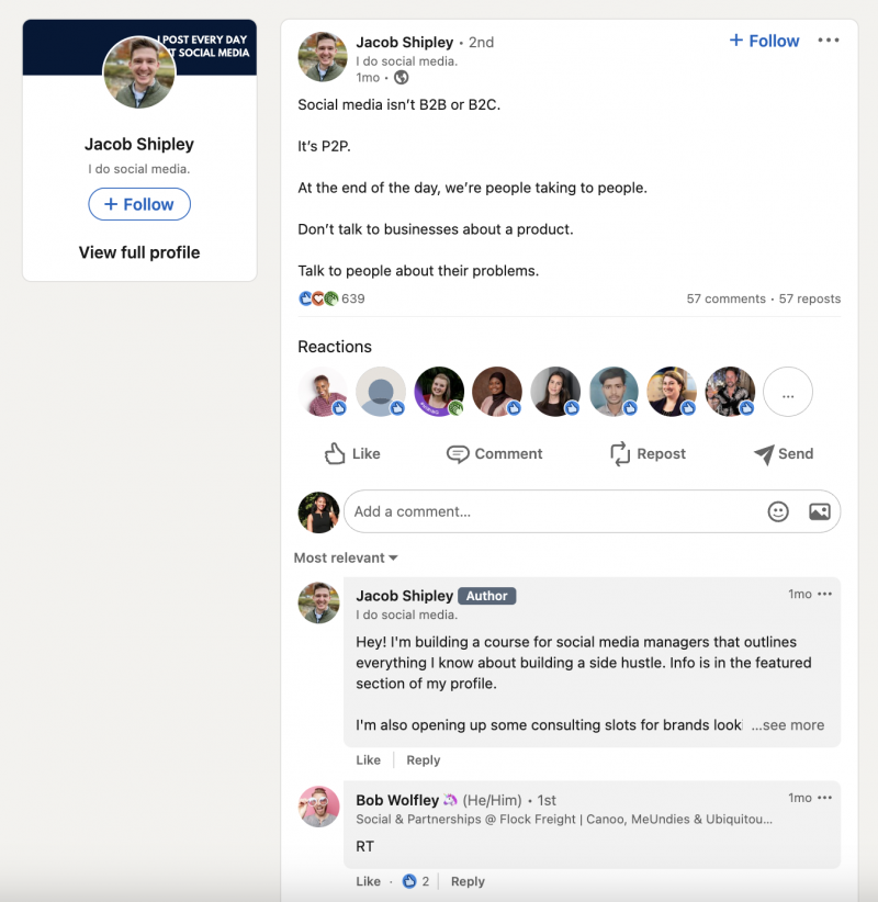   Jacob Shipley's LinkedIn post that reads,"Social media isn't B2B or B2C. It's P2P. At the end of the day, we're people talking to people. Don't talk to businesses about a product. Talk to people about their problems."