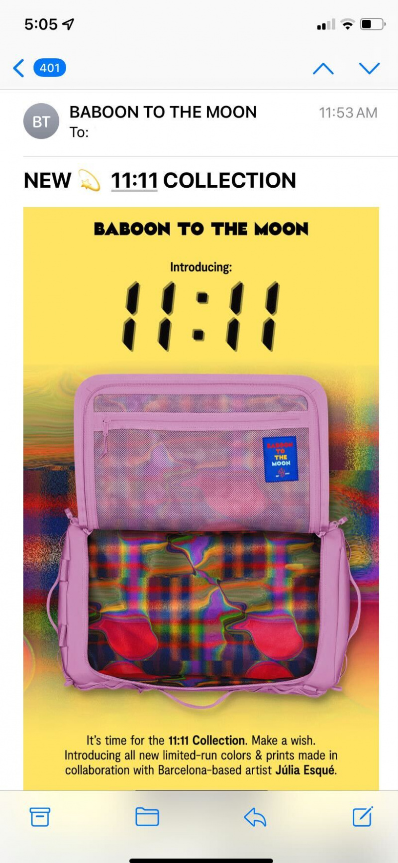 Un e-mail de lancement de produit de Baboon To The Moon, faisant la promotion d'une collection de sacs à dos de voyage en édition limitée.