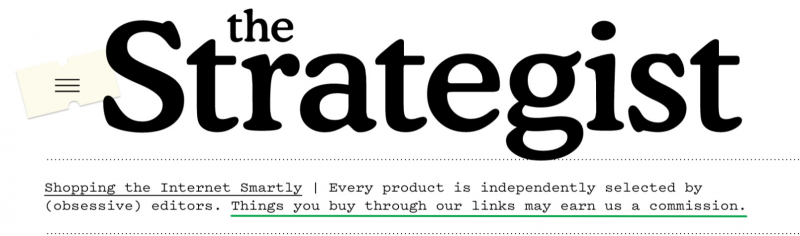Une capture d'écran de The Strategist's masthead, with the words "Things you buy through our links may earn us commission" underlined.