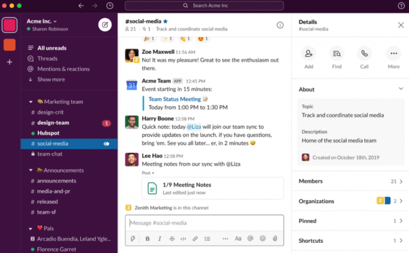   Capture d'écran d'un chat et de canaux Slack d'entreprise.