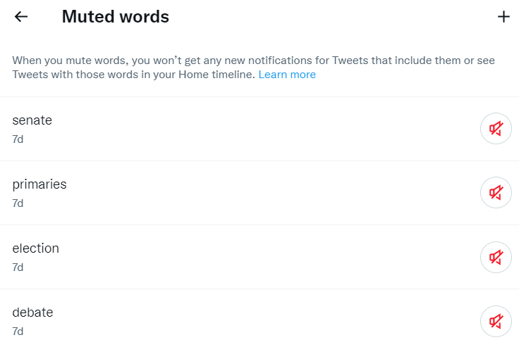   Capture d'écran de l'utilisation du paramètre Mots en sourdine dans Twitter.