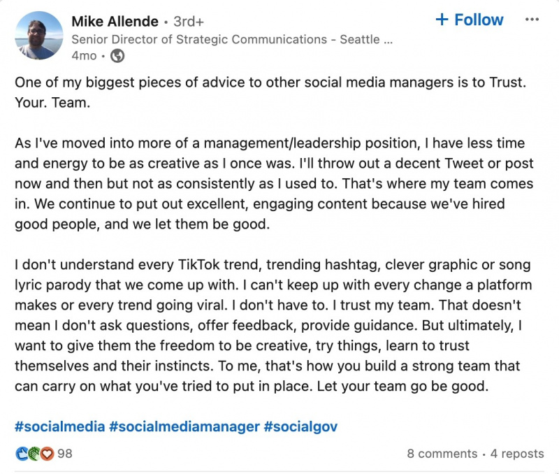   ЛинкедИн пост са Универзитета у Сијетлу's Senior Director of Strategic Communications, explaining the importance of trusting your social team's expertise.
