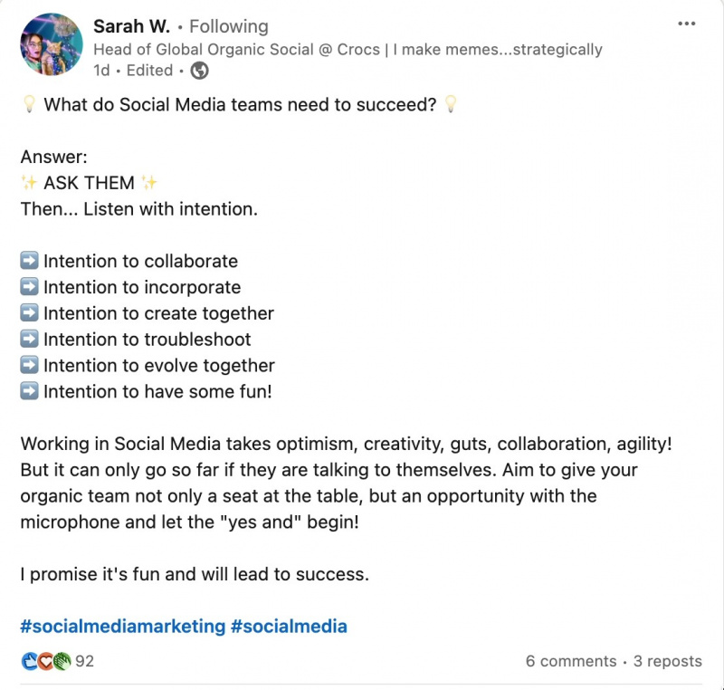   ЛинкедИн пост из Цроцс-а' Head of Organic Social, explaining how leaders need to ask their social teams directly about what kind of support they find most valuable. 