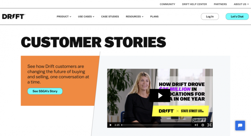   Снимак екрана Дрифт-а's case studies page on their website. Large text at the top of the page says "Customer Stories." 