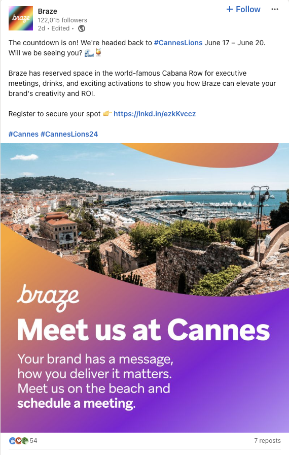   Une publication LinkedIn de Braze annonçant leur présence à l'événement Cannes Lions
