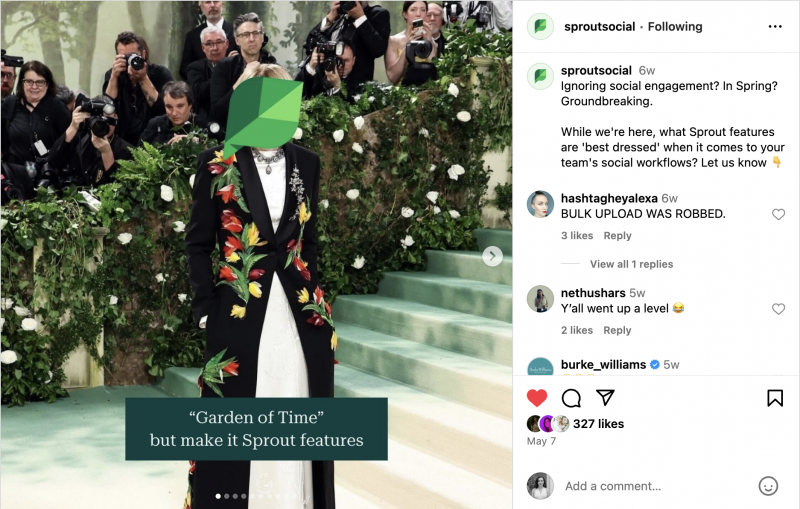   Un carrousel Instagram Sprout Social de nos caractéristiques de produits habillés en participants au Meta Gala