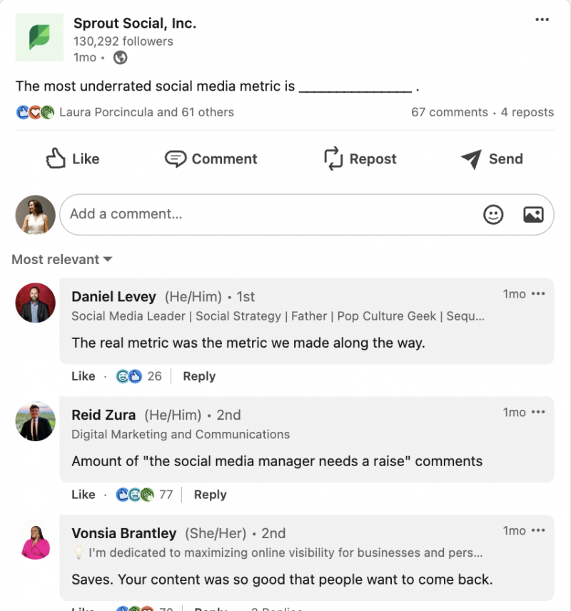   Une publication Sprout Social LinkedIn dans laquelle les membres de notre audience ont répondu à l