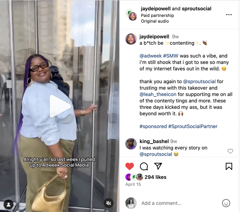   Une publication Instagram d'un créateur qui a repris Sprout's account