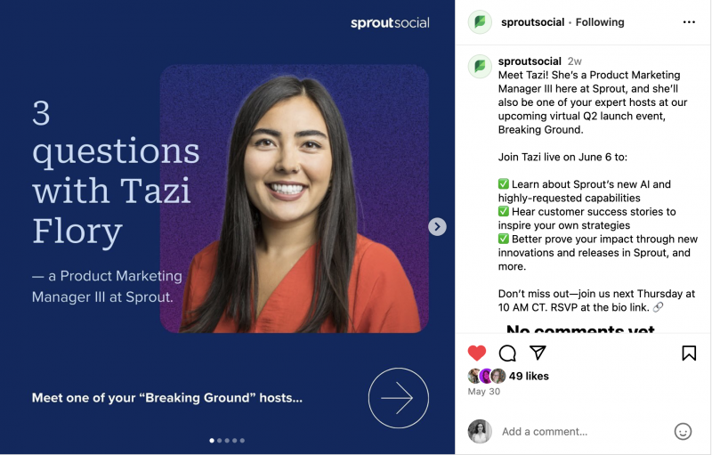   Une publication Sprout Meet the Team sur Instagram qui présente à nos abonnés l'un des hôtes de notre programme de lancement trimestriel