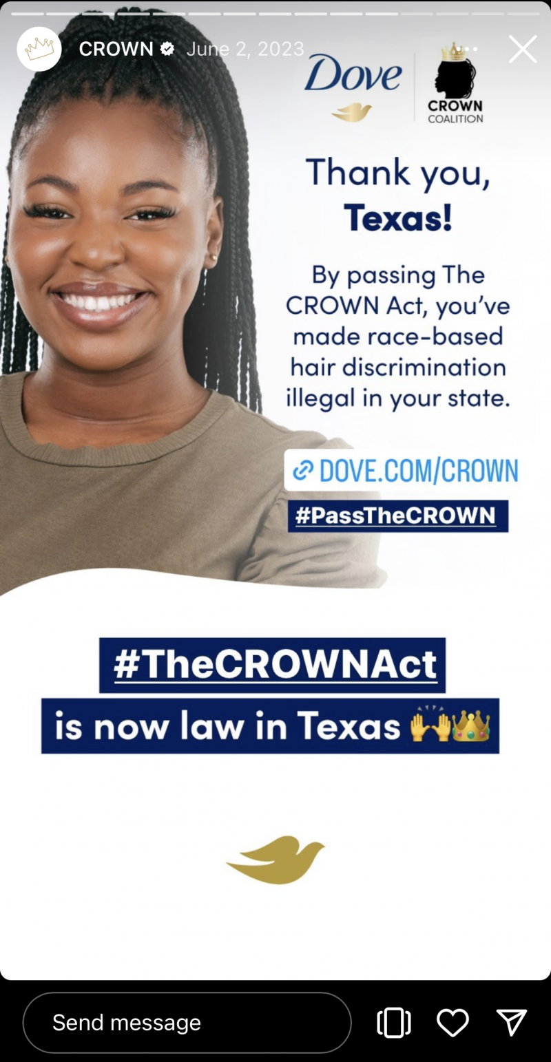   Прича о голубу's Instagram highlight dedicated to the CROWN Act. The Story announces the law was passed in Texas and shares a link to Dove's landing page.