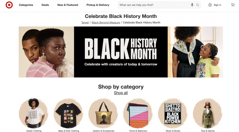 Таргет's landing page for Black History Month featuring Black-owned brands.