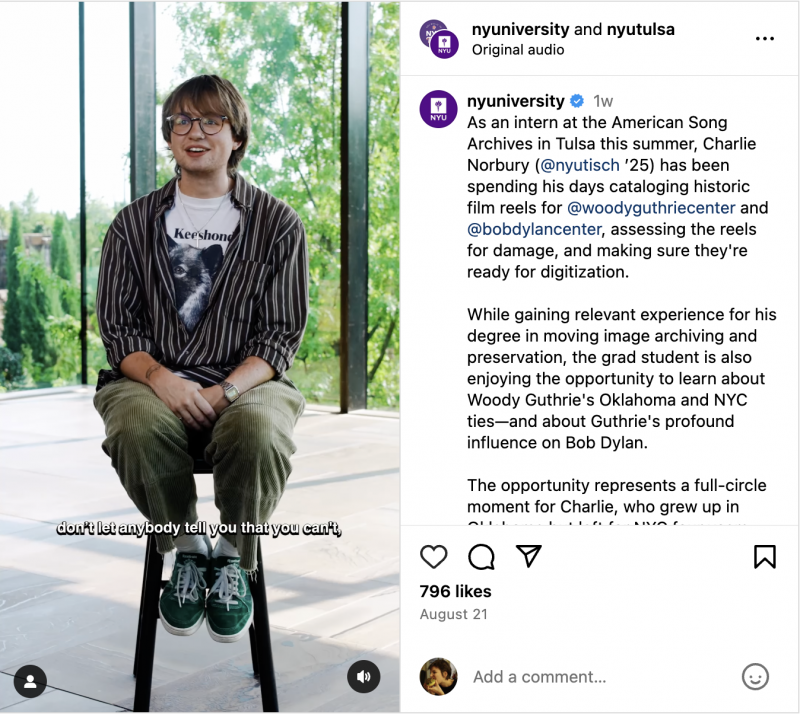   NYU Instagram Reel, kuriame dalyvauja studentas Charlie Norbury, aptariantis savo vasaros stažuotę Amerikos dainų archyve.