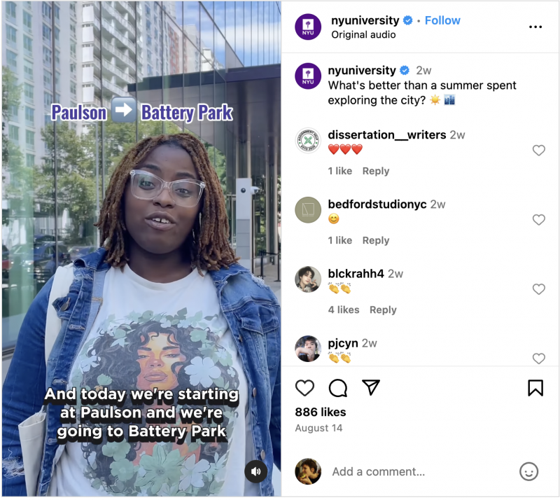   NYU „Instagram Reel“ iš jų „Summer Walk“ serijos, nukelianti žiūrovus į turą iš Paulsono į „Battery Park“.