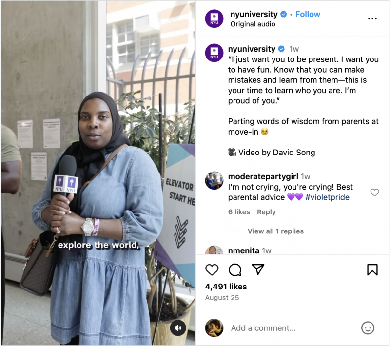   NYU „Instagram“ atvykstančių studentų ritė' parents being interviewed, giving their kids advice for the year ahead.