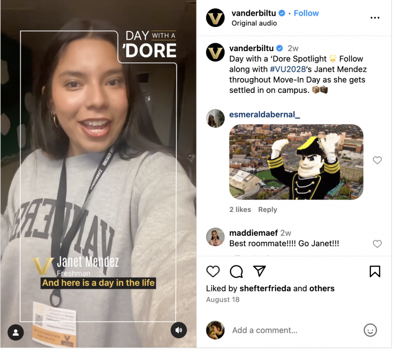   Vanderbilt Instagram Reel, kurioje vaizduojama viena iš jų naujokų studentų gyvenimo diena.