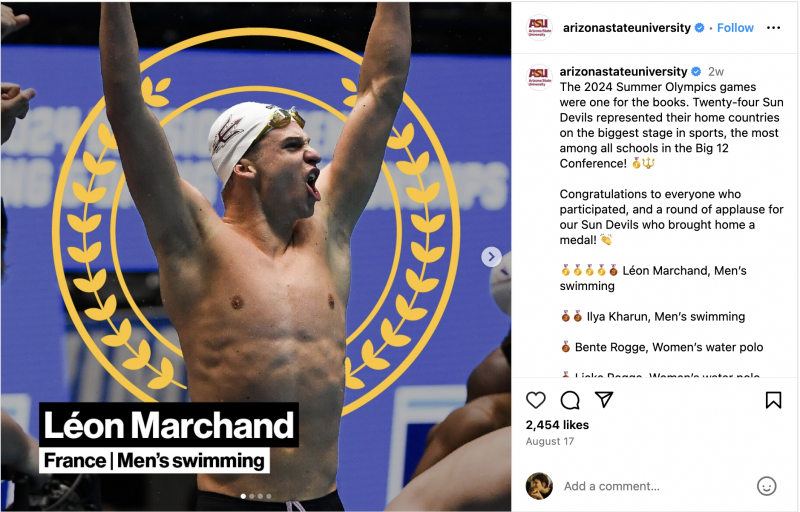   Arizonos valstijos universiteto „Instagram“ karuselė studentų, dalyvavusių 2024 m. olimpinėse žaidynėse. Plaukikas Leonas Marchandas pavaizduotas čia.