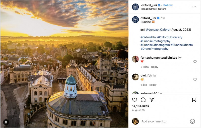  Instagram nuotrauka, kurioje saulėtekis virš Oksfordo universiteto, padaryta universiteto darbuotojo.