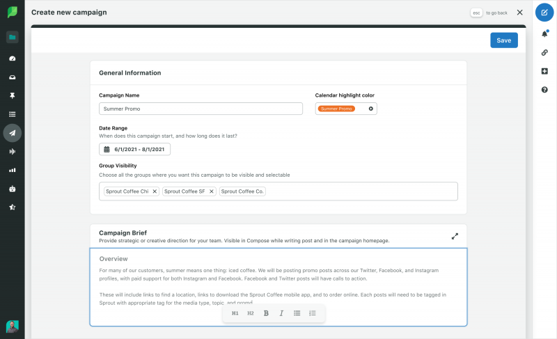   Una captura de pantalla de Sprout Social's create new campaign feature, where users input information about a campaign—from the name to the duration to the brief.