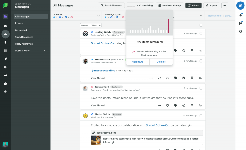   Una captura de pantalla de Sprout's platform that demonstrates message spike detection. In the screenshot, you can see the Smart Inbox and a message alert that reads: We started detected a spike 5 minutes ago.