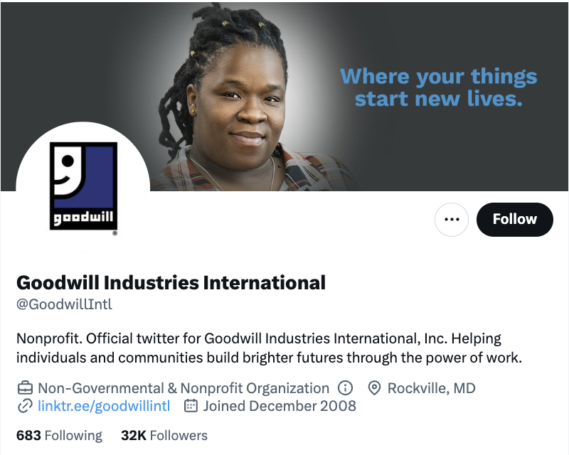   Snímek obrazovky Goodwill Industries International's Twitter profile. The bio reads: Nonprofit. Official twitter for Goodwill Industries International, Inc. Helping individuals and communities build brighter futures through the power of work.