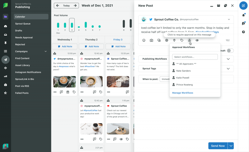   Snímek obrazovky Sprout Social's Publishing Calendar displaying the week view. There is also a window open for composing a new post, and the approval workflows button is selected. A text box reads: Click to require approval on this message.