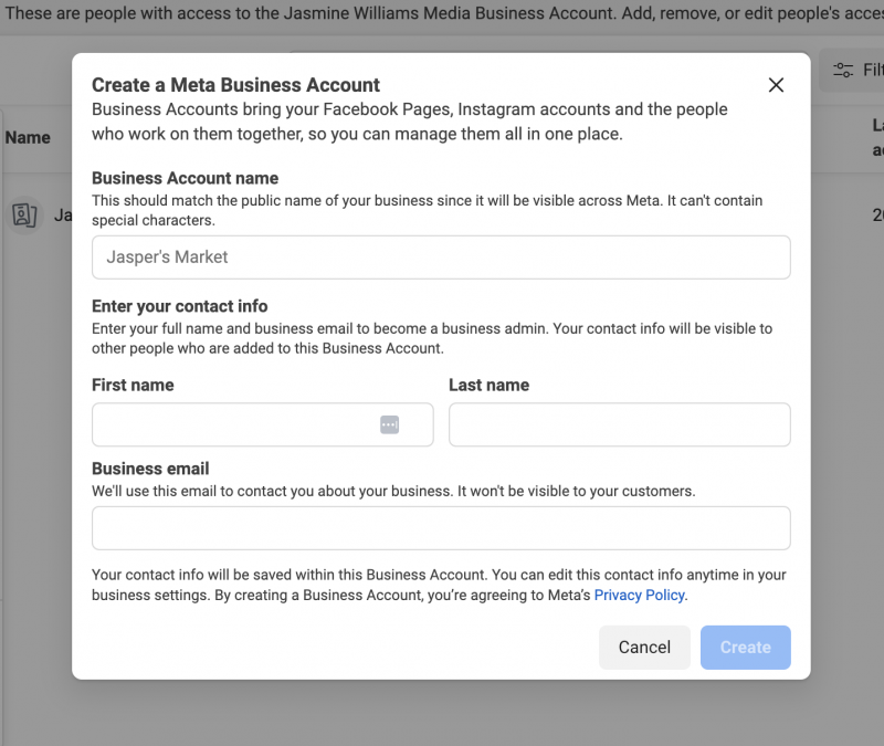 Obrazovka Vytvořit obchodní účet Meta v Meta Business Suite.