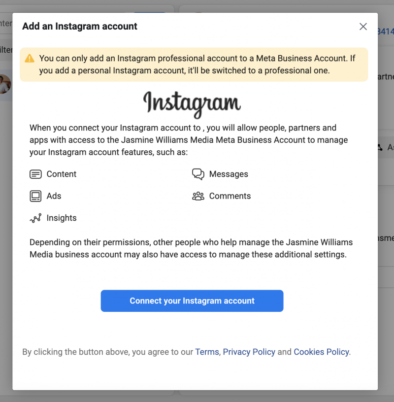   Obrazovka připojení vašeho účtu Instagram v Meta Business Suite