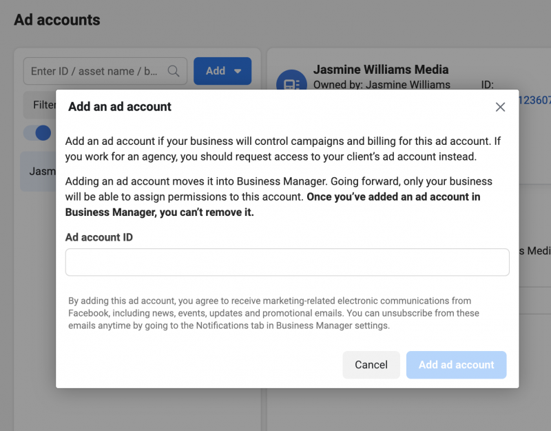   Obrazovka přidání reklamního účtu v Meta Business Suite