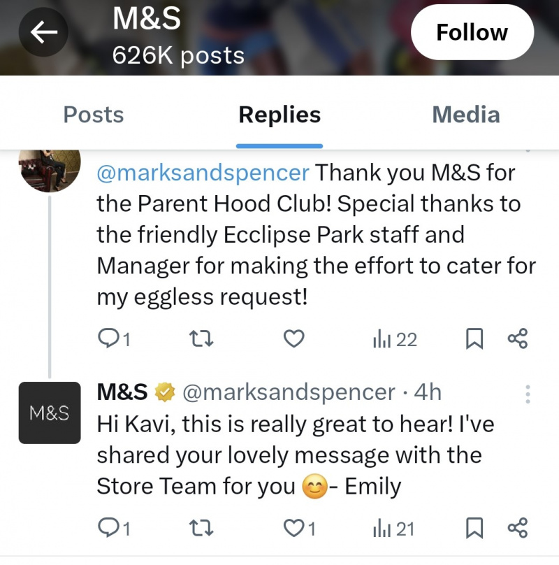   Marks and Spenser X atsako į teigiamus klientų atsiliepimus.