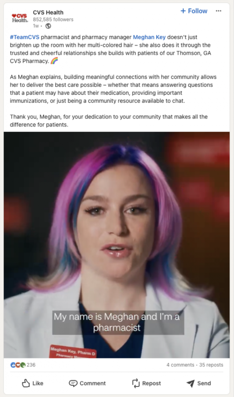   LinkedIn įrašas iš CVS's "meet the team" series highlighting pharmacist and pharmacy manager Meghan Key. 