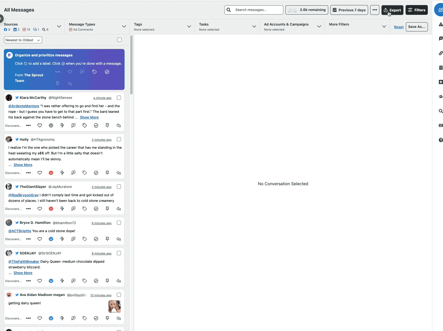   Animuotas GIF, rodantis, kaip eksportuoti informaciją iš „Sprout Smart Inbox“ į CSV failą.