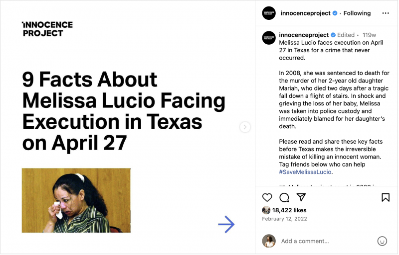   Instagram karuselė iš Inocence Project, kurioje yra 9 faktai apie Melissa Lucio, moterį, kuriai gresia mirties bausmė už nusikaltimą, kurį ji padarė't commit.