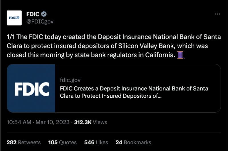   Une capture d'écran d'un Tweet de la FDIC qui se lit comme suit : La FDIC a créé aujourd'hui la Banque nationale d'assurance-dépôts de Santa Clara pour protéger les déposants assurés de la Silicon Valley Bank, qui a été fermée ce matin par les régulateurs des banques d'État en Californie.