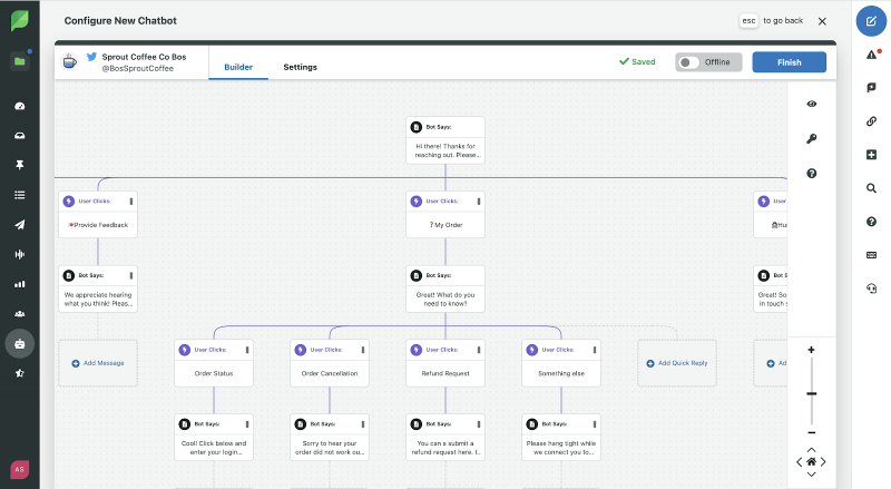   Exemple de configuration d'un chatbot Sprout Social où vous pouvez créer le flux en fonction des réponses souhaitées