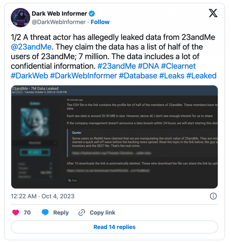   Un tweet parlant d'une faille de cybersécurité chez 23andMe