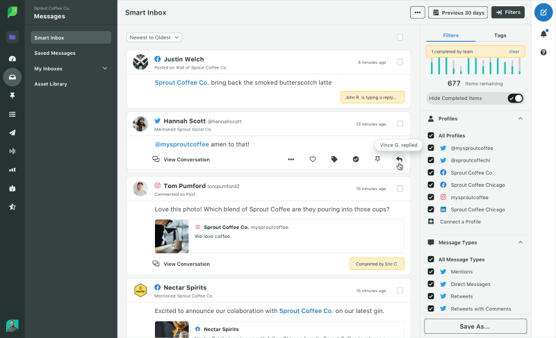   Messages dans Sprout Social's Smart Inbox where you can reply to a message directly