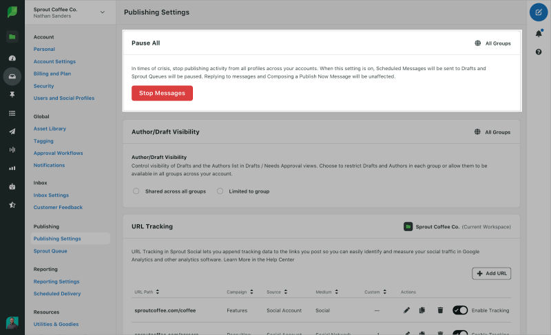   Sprout Social's pause all feature will stop social media posts 