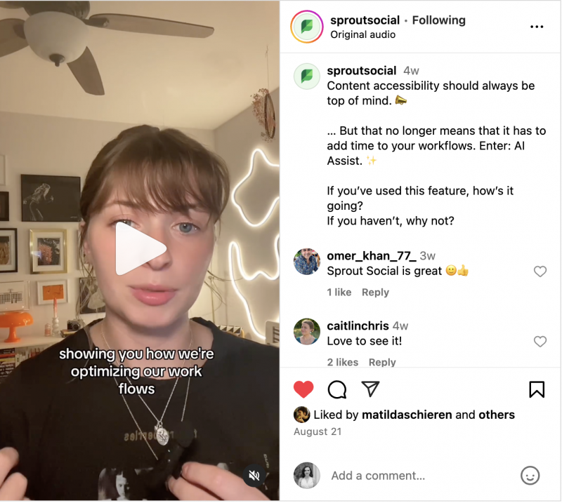   Un Sprout Social Instagram Reel on un membre del nostre equip social explica com AI Assist beneficia els equips