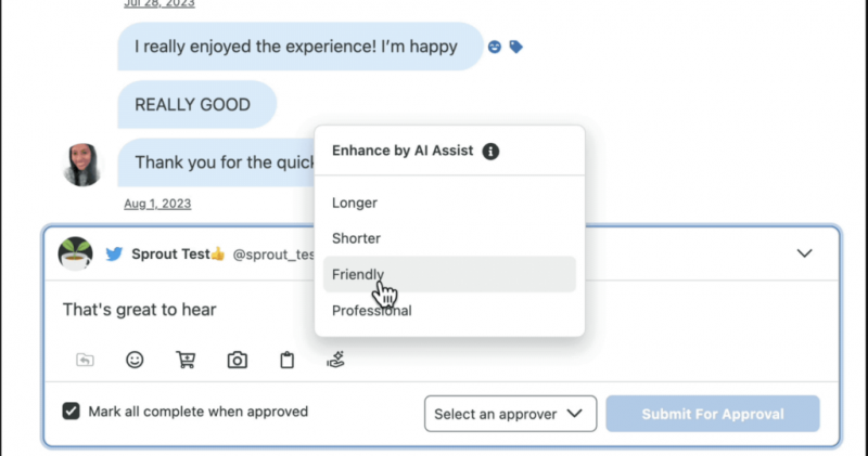 Brote Social's Enhance by AI Assist uses AI to personalize customer interactions so teams can tailor responses based on the tone of the incoming messages, ensuring that replies are relevant and resonate with the customer's emotional state.