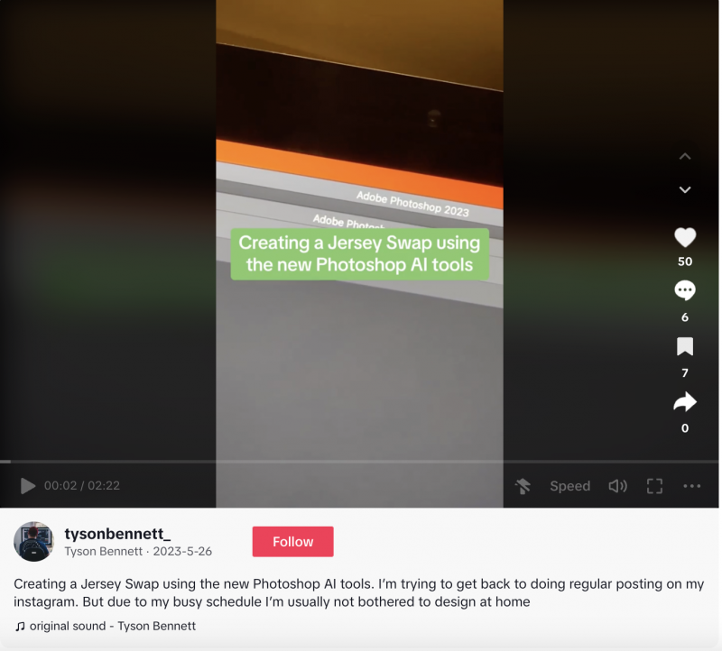   Une capture d'écran d'une vidéo TikTok dans laquelle un créateur explique aux gens comment utiliser les outils AI Photoshop pour échanger des joueurs' jerseys