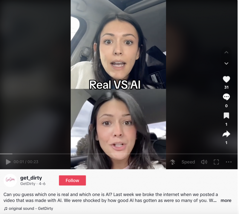   Une capture d'écran d'une vidéo TikTok de la marque Get Dirty d'une influenceuse générée par l'IA aux côtés de son homologue humain.