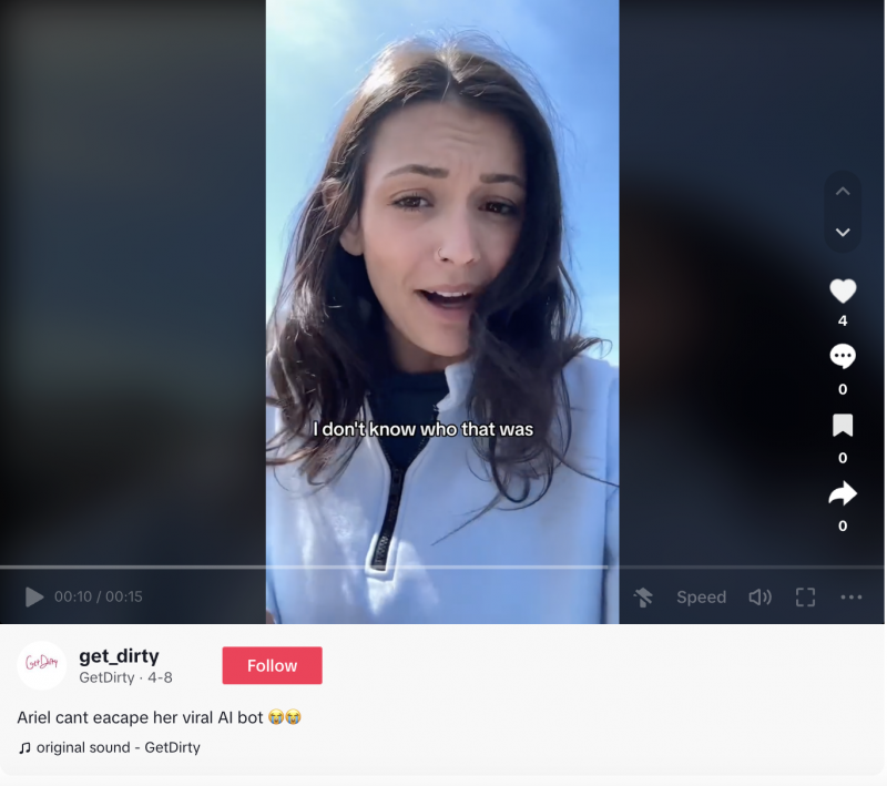   Une capture d'écran d'une vidéo TikTok de Get Dirty où une influenceuse humaine tombe sur son robot IA