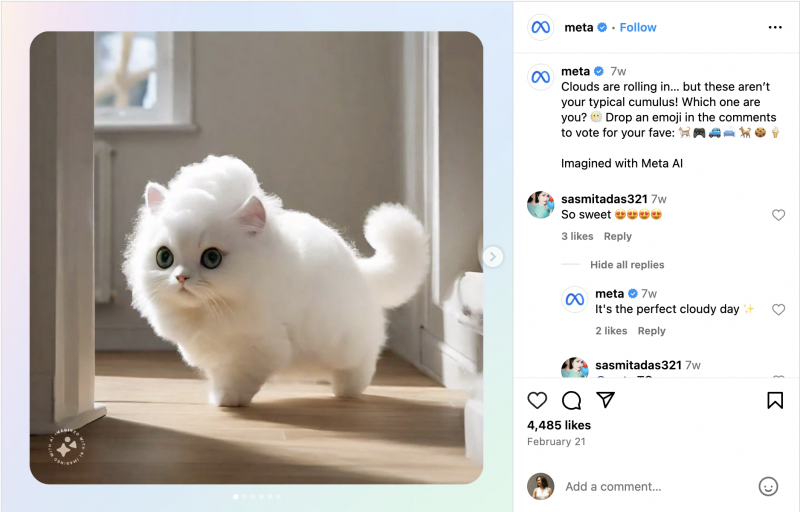  Une capture d'écran d'un carrousel Instagram créé par la marque Meta qui présente de jolies images cloud générées par l'IA. L’image de couverture est un chat-nuage moelleux.