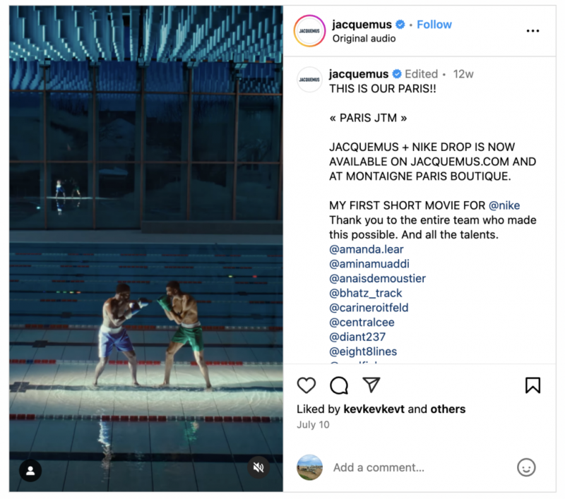   Post Instagram de Jacquemus qui a collaboré avec Nike pour les Jeux Olympiques de Paris 2024.