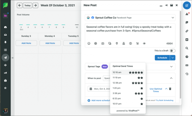   Sprout Social's Compose box and scheduling a Facebook post with ViralPost optimal send times.