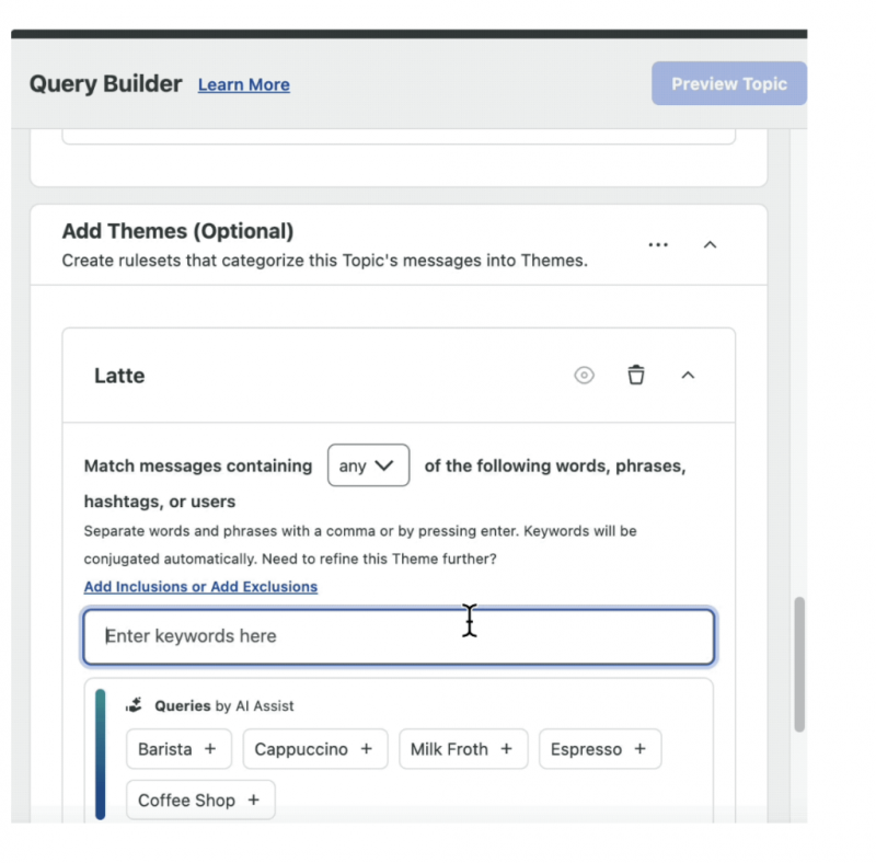   Germer's Query Builder's tool that enables you to choose topics for your queries for focussed social listening